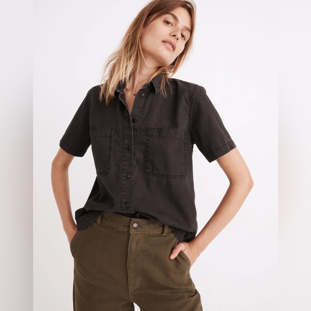 Madewell Lunar Black Denim Short-Sleeve Button-Up Shirt Womens Size XX-Small
